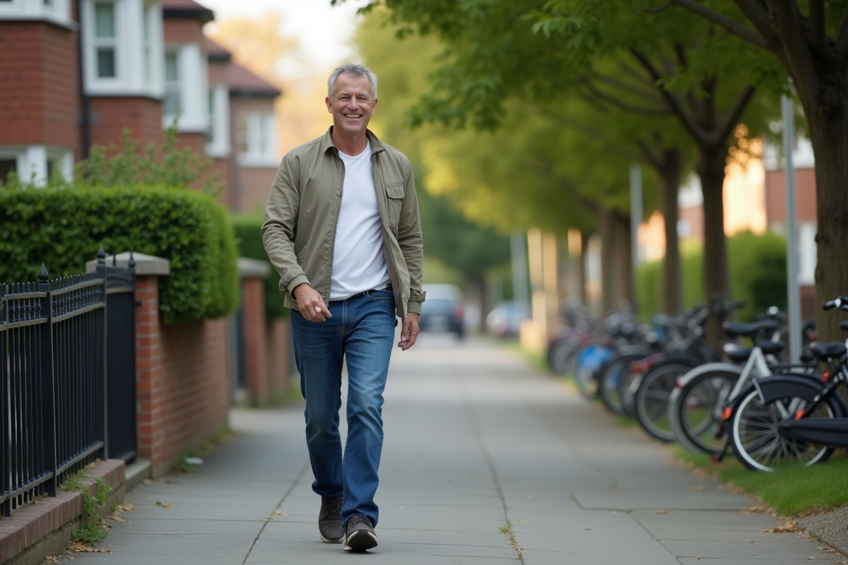 Homme marche dans une rue résidentielle calme