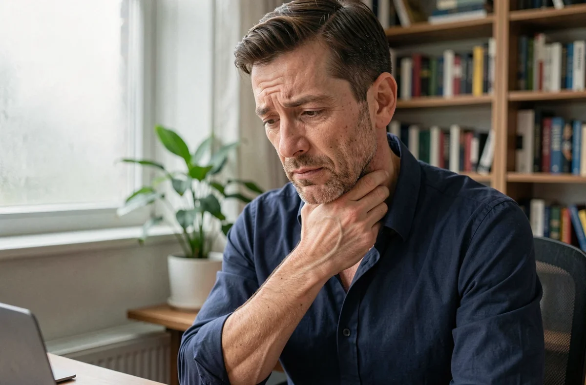 Homme pensif touchant sa gorge à son bureau, symbolisant une difficulté d'expression liée au chakra gorge