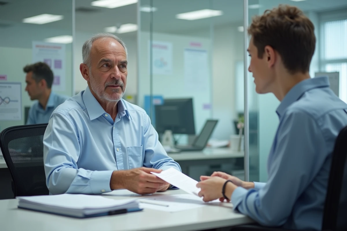Homme d age parle avec une agente dans un bureau