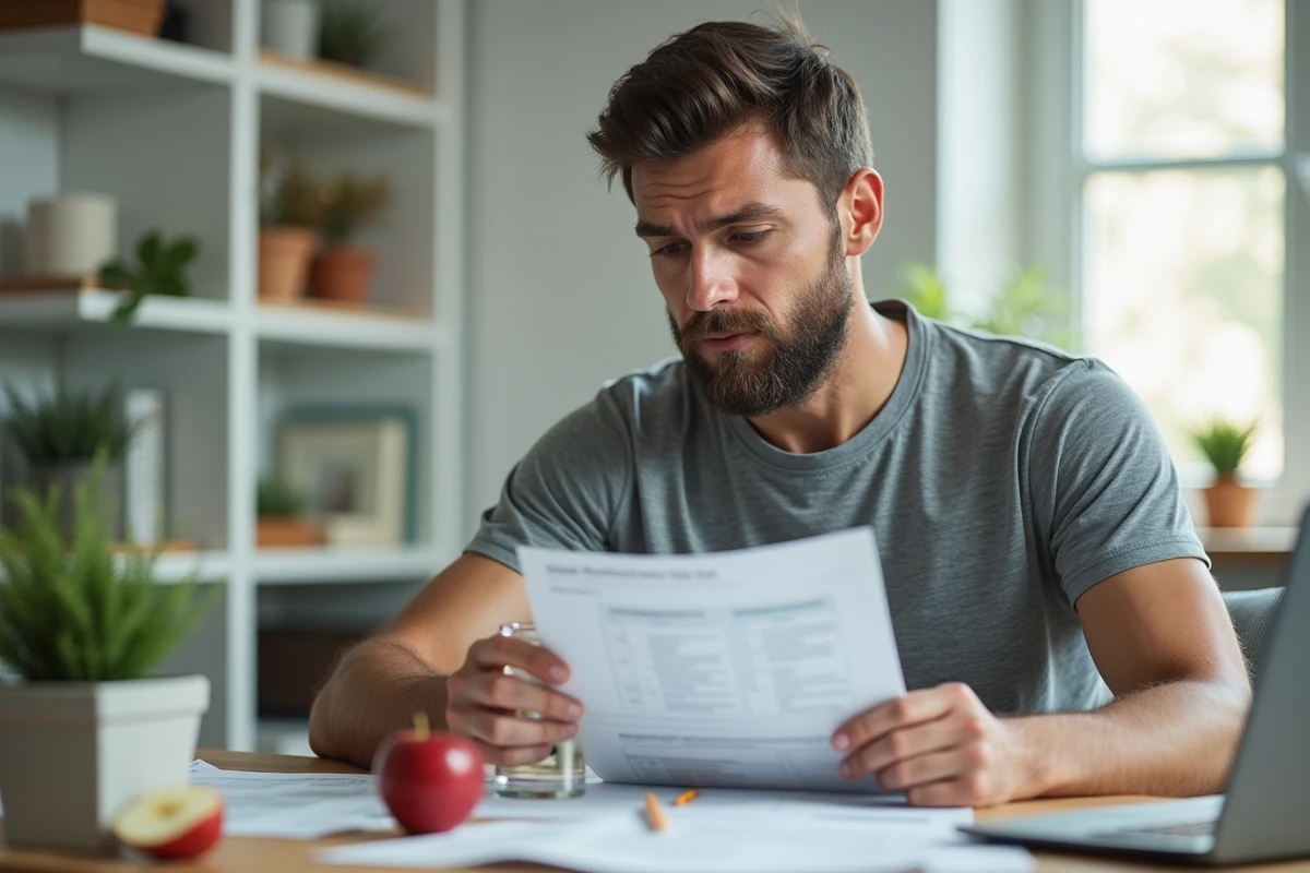 Homme consultant une étude sur la nutrition tout en buvant de l'eau de riz dans un bureau à domicile
