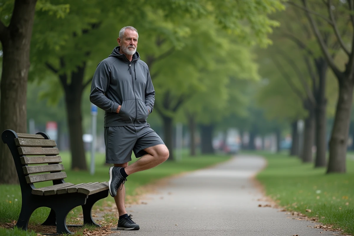 Homme en sport s’étirant dans un parc urbain