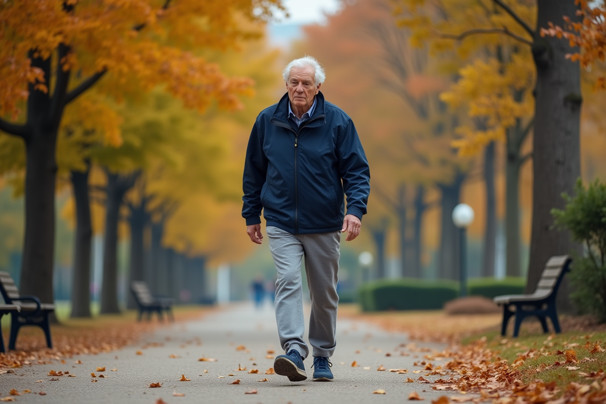 Homme âgé marchant dans un parc en automne