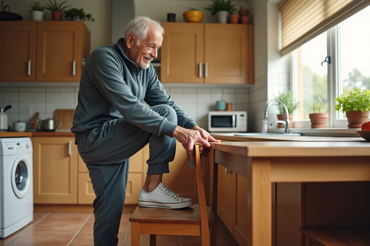 Homme âgé réalisant un étirement de genou dans la cuisine