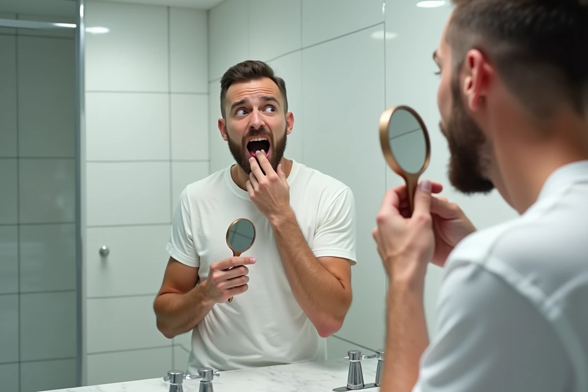 Homme examinant l'intérieur de sa bouche devant un miroir de salle de bain