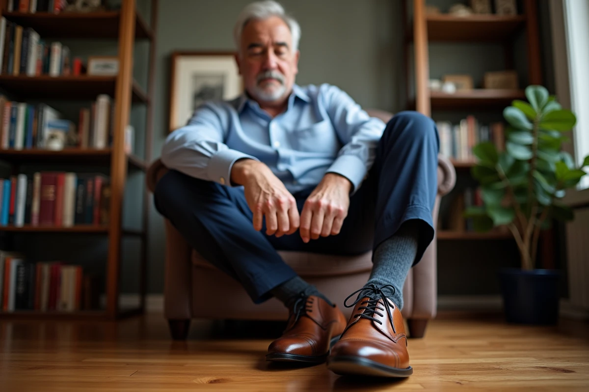Homme d age moyen nouant ses chaussures en intérieur