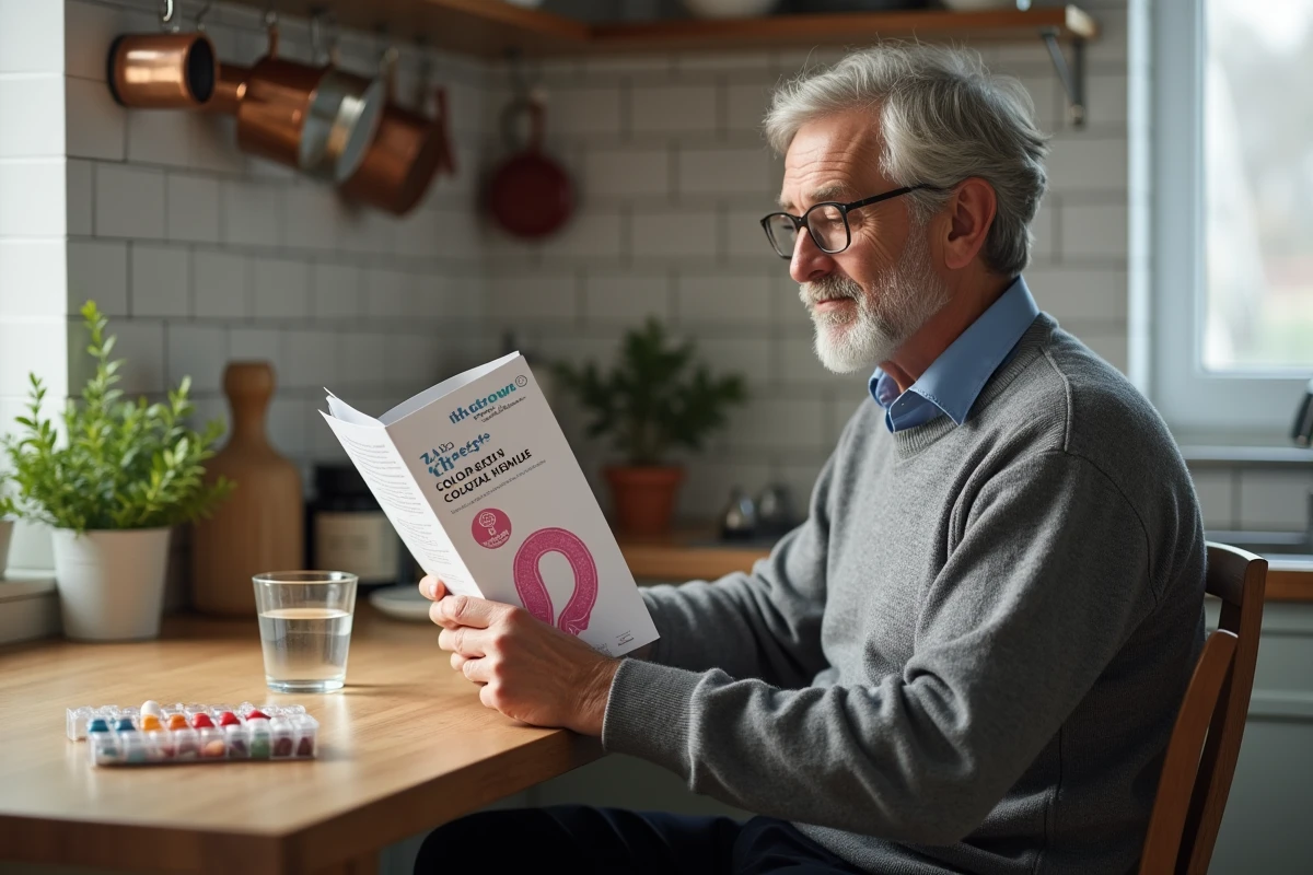 Homme d'une cinquantaine d'années lisant une brochure médicale sur la santé colorectale à sa table de cuisine, organisateur de médicaments posé à côté