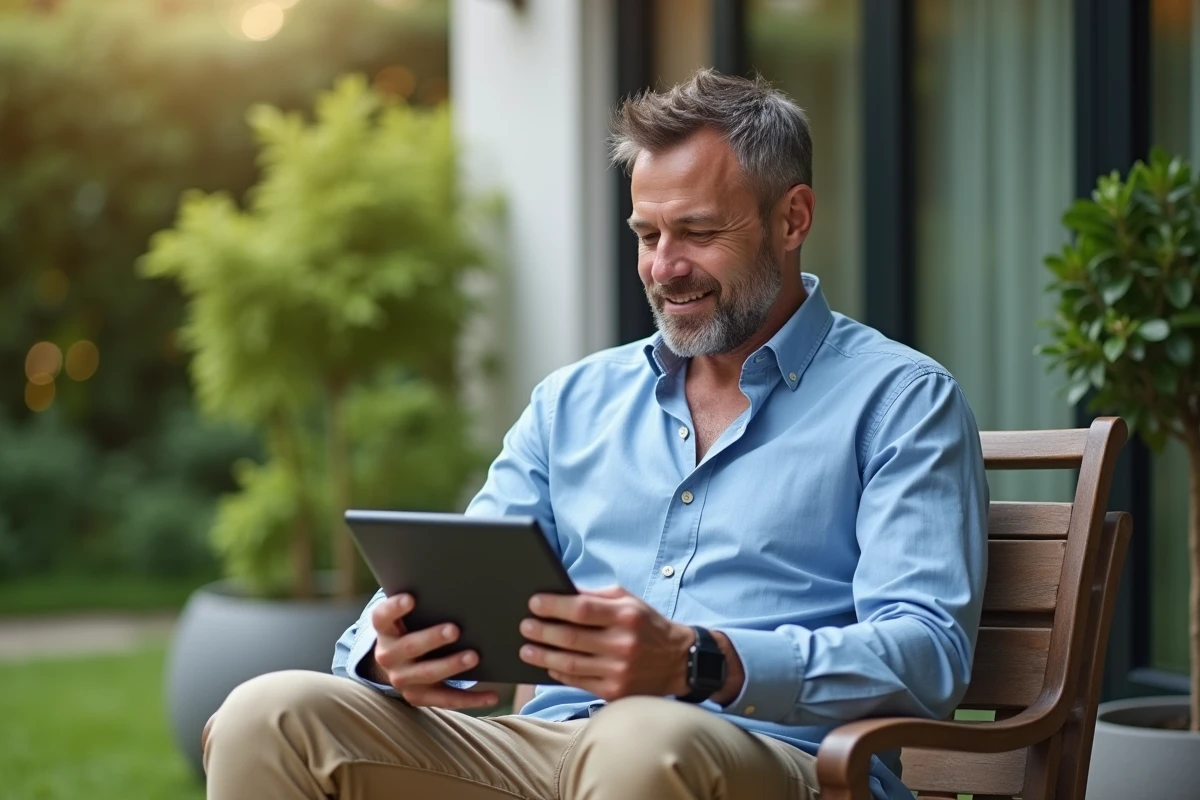 Homme souriant regardant des avis Floravia Nutrisolution dehors