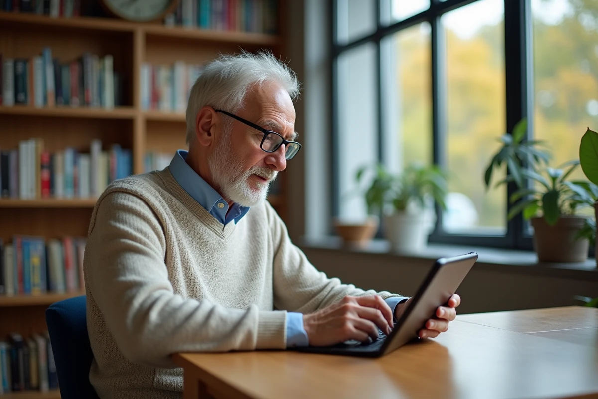 Homme âgé consulte un site de thermothérapie à la bibliothèque