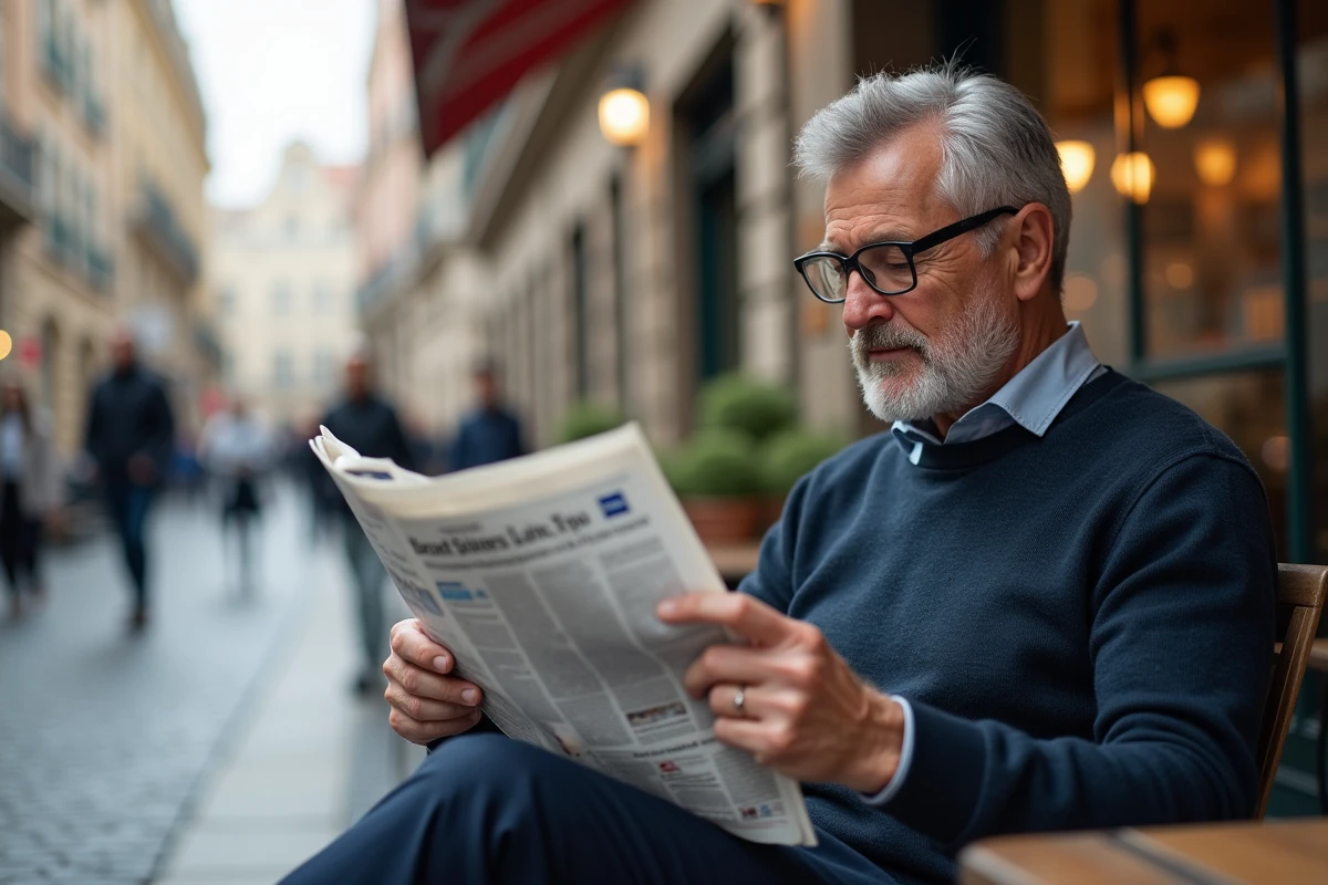 Homme mature portant des lunettes progressives ZEISS en terrasse de café dans une ville européenne