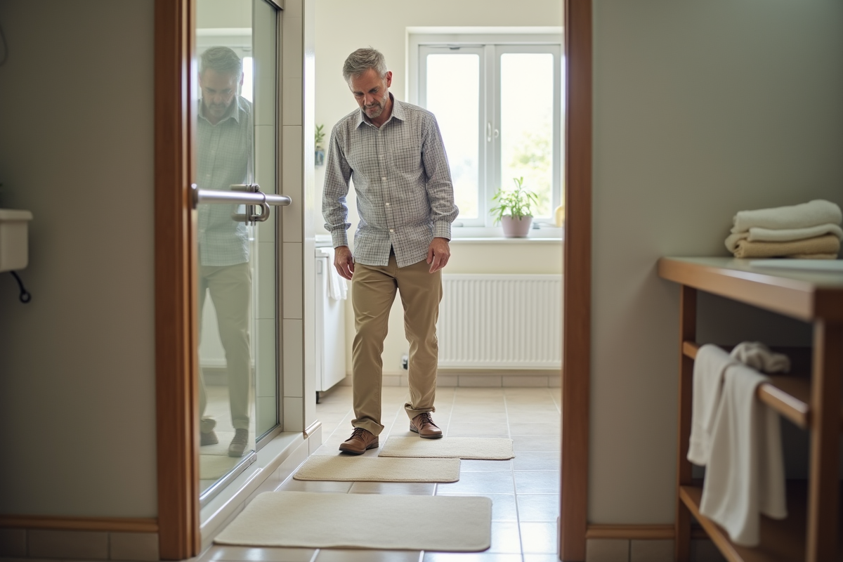 Homme moyenâge en salle de bain moderne avec tapis antidérapant