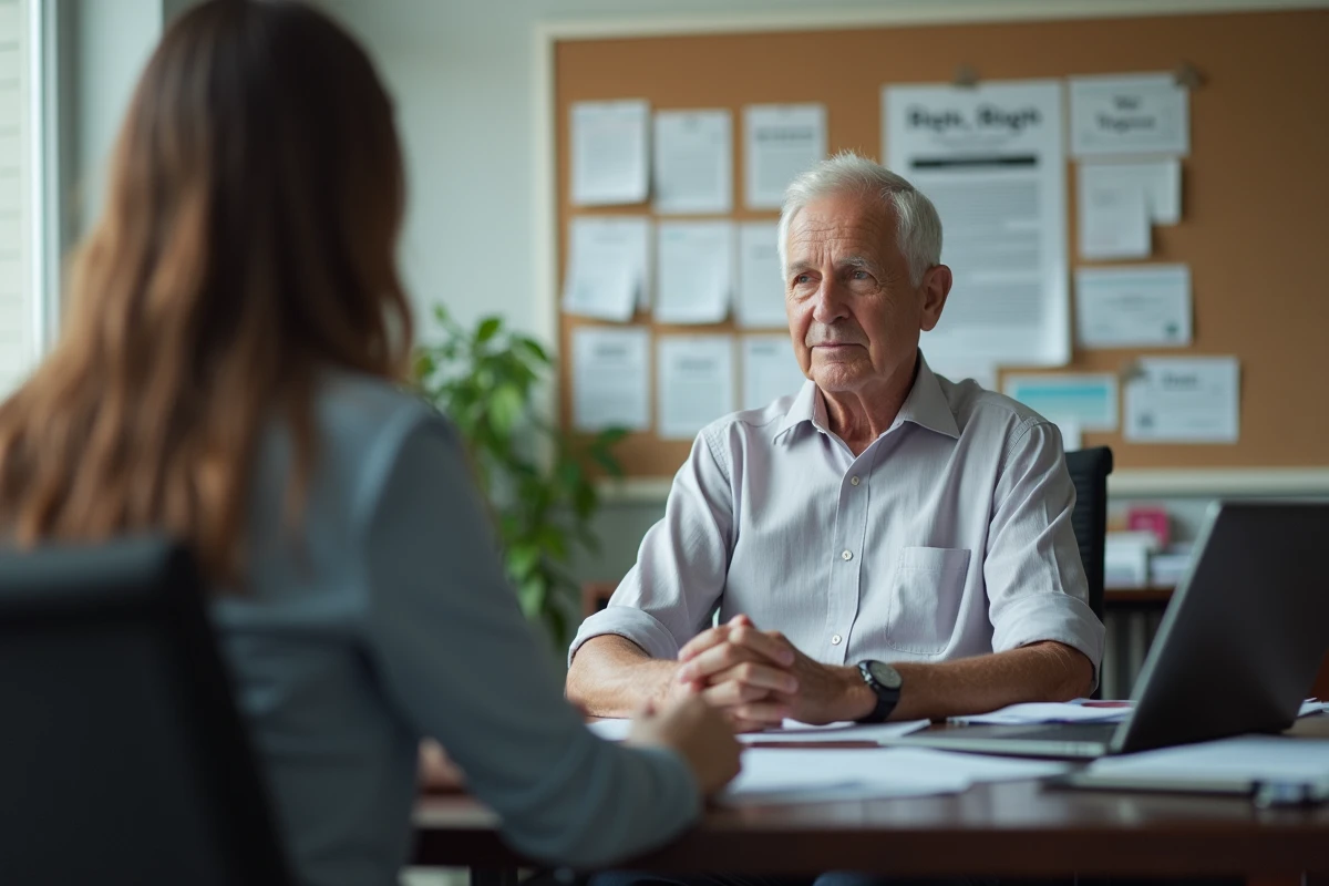 Homme âgé discutant avec une assistante sociale