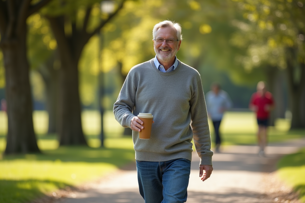 Homme souriant marchant dans un parc en plein air