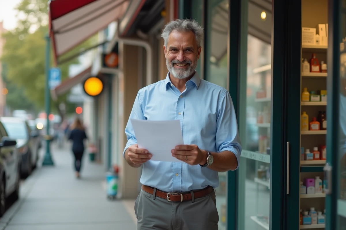 Homme lisant un document devant une pharmacie en ville
