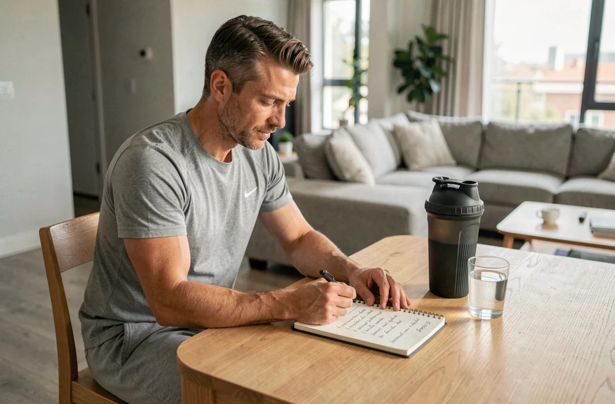 Homme consultant son planning de jeûne intermittent avec un shaker de whey protéine posé sur une table en bois