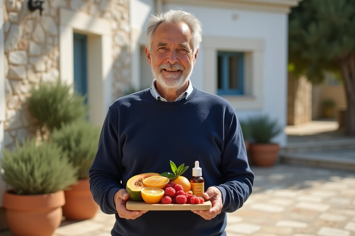 Homme âgé tenant un plateau de fruits colorés et des gouttes de vitamine D sur une terrasse méditerranéenne ensoleillée