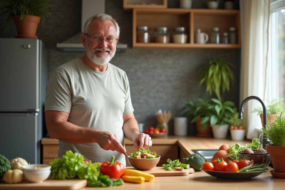 Homme préparant une salade dans une cuisine lumineuse
