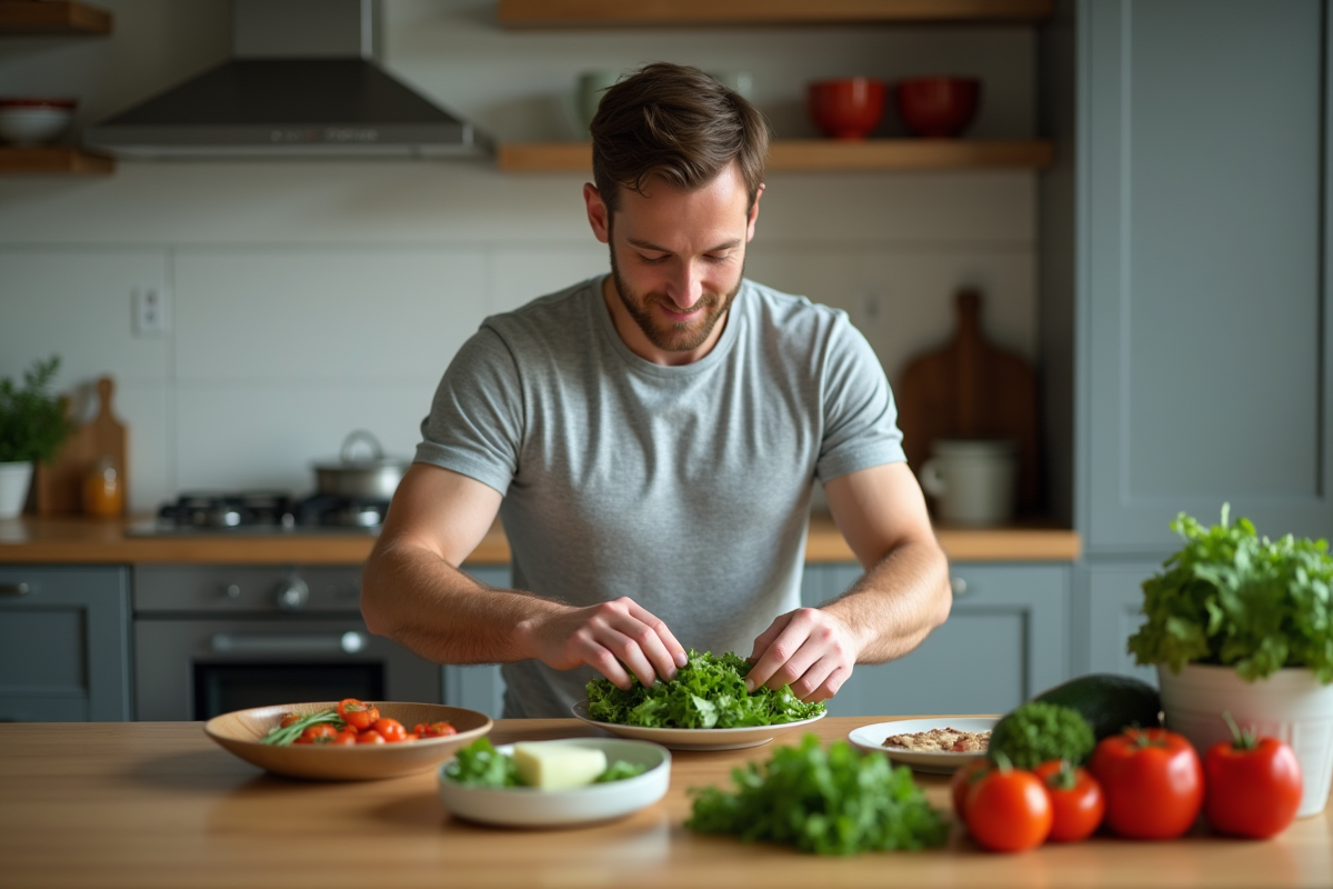 Homme préparant une salade dans une cuisine moderne