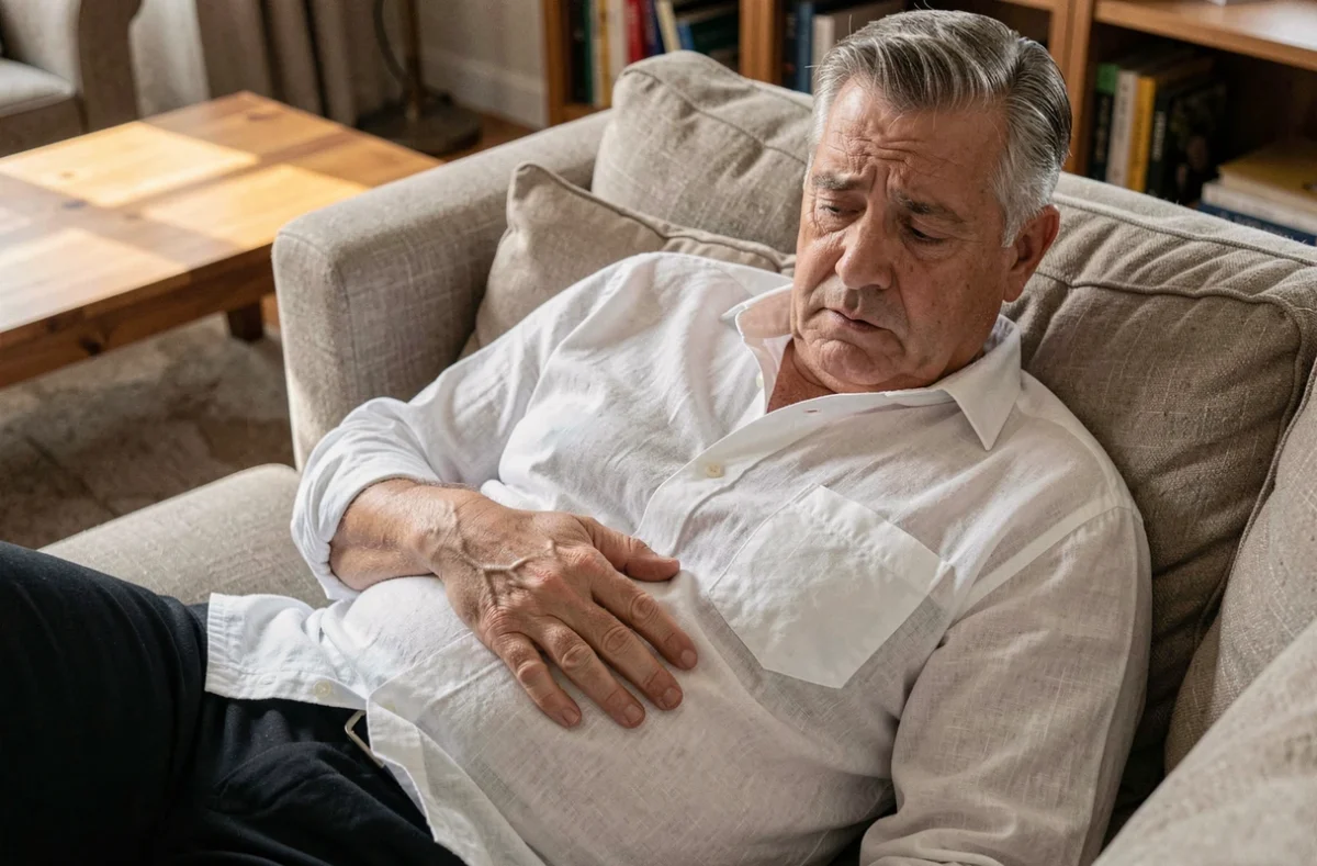 Homme d'âge mûr allongé sur un canapé observant une pulsation anormale dans son ventre pouvant indiquer un anévrisme de l'aorte abdominale