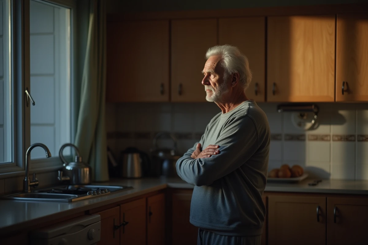 Homme âgé dans la cuisine contemplant la nuit