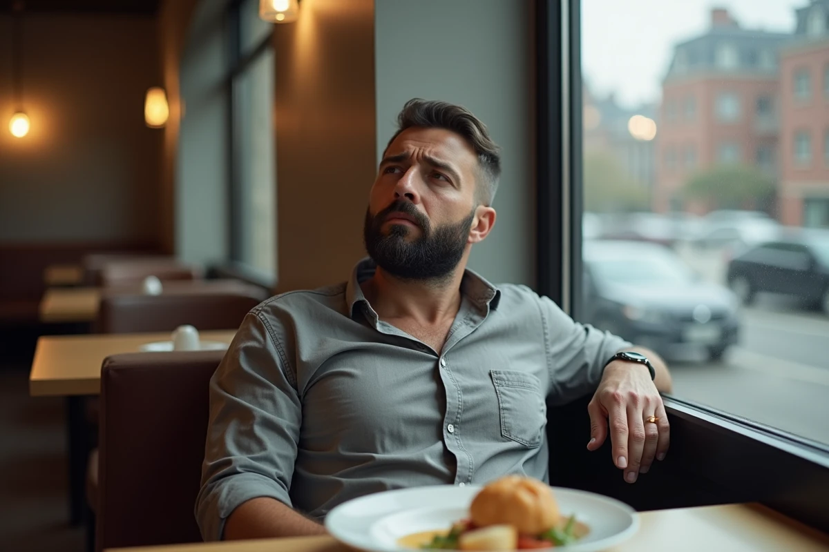 Homme barbu pensif assis dans restaurant urbain