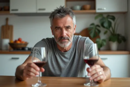 Homme d'âge mûr refusant un verre d'alcool et choisissant de l'eau pour réduire les transaminases