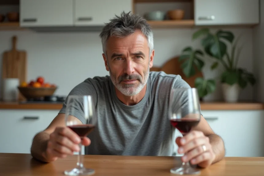 Homme d'âge mûr refusant un verre d'alcool et choisissant de l'eau pour réduire les transaminases