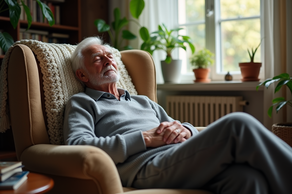 Homme âgé en sieste dans un salon lumineux et cosy