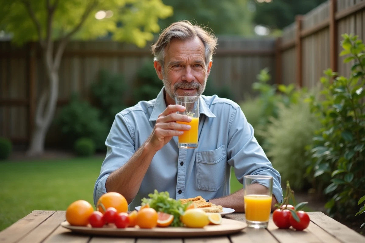 Homme sirotant un jus orange dans un jardin en matinée