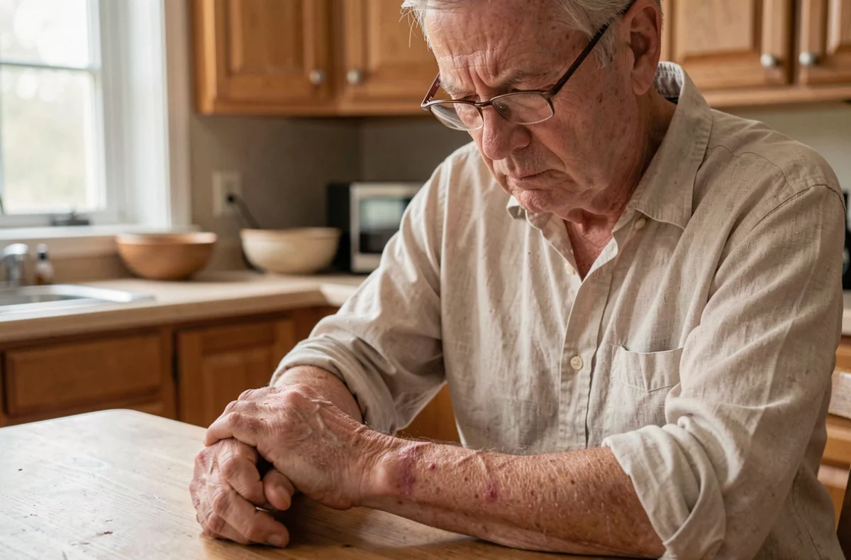 Homme senior de plus de 70 ans examinant une éruption cutanée sur son avant-bras à la maison, symptôme caractéristique du zona