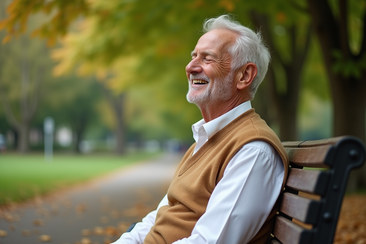 Homme senior souriant dans un parc en automne