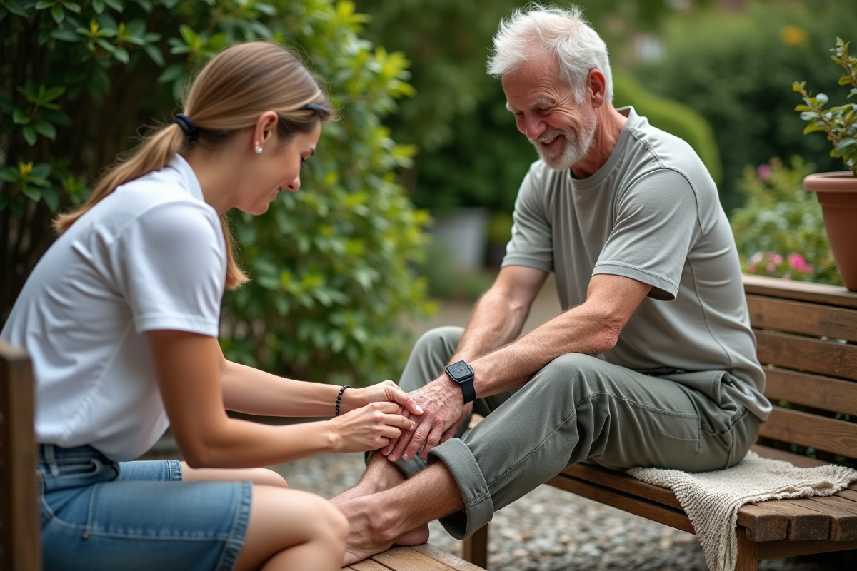 Homme âgé recevant une séance de réflexologie en extérieur