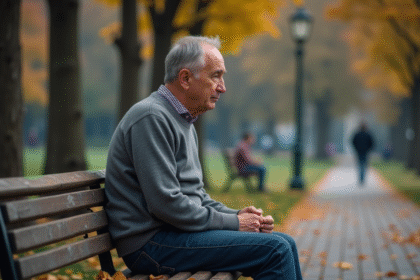 Homme d'âge moyen assis seul sur un banc dans un parc en automne