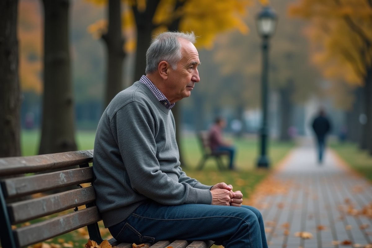 Homme d'âge moyen assis seul sur un banc dans un parc en automne