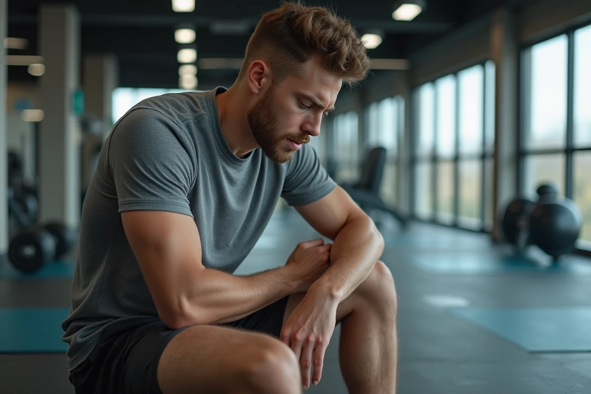 Jeune homme au gym avec douleur abdominale