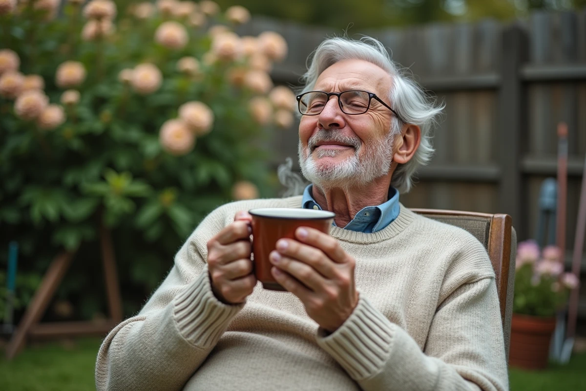 Homme âgé savourant un rooibos dans un jardin paisible