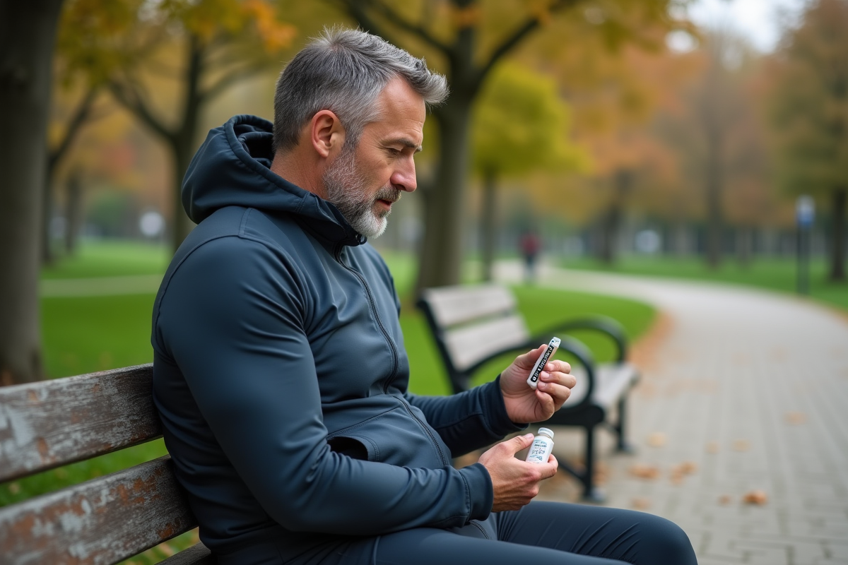 Homme prenant une pause avec vitamines dans un parc urbain