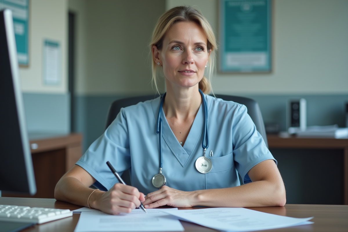 Infirmière en uniforme bleu clair dans un bureau hospitalier