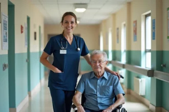 Infirmière en blouse bleue avec résident souriant dans couloir