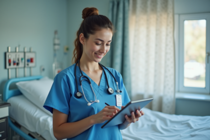 Infirmière en scrubs bleus utilisant une tablette dans une chambre d'hôpital