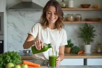 Jeune femme souriante verse un jus vert dans un verre en cuisine