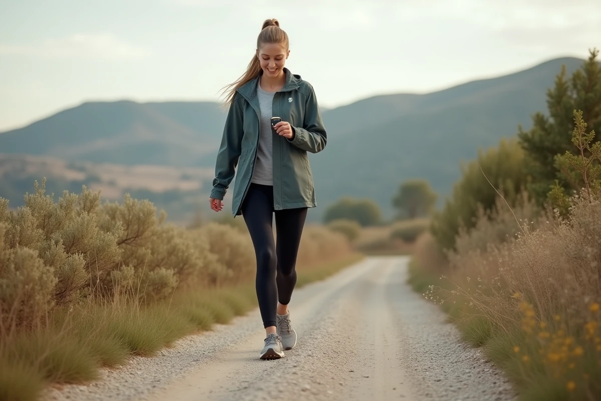 Jeune femme marchant sur un sentier rural avec podomètre