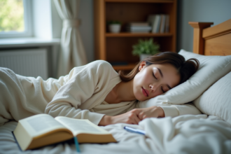 Jeune femme endormie paisiblement dans sa chambre confortable