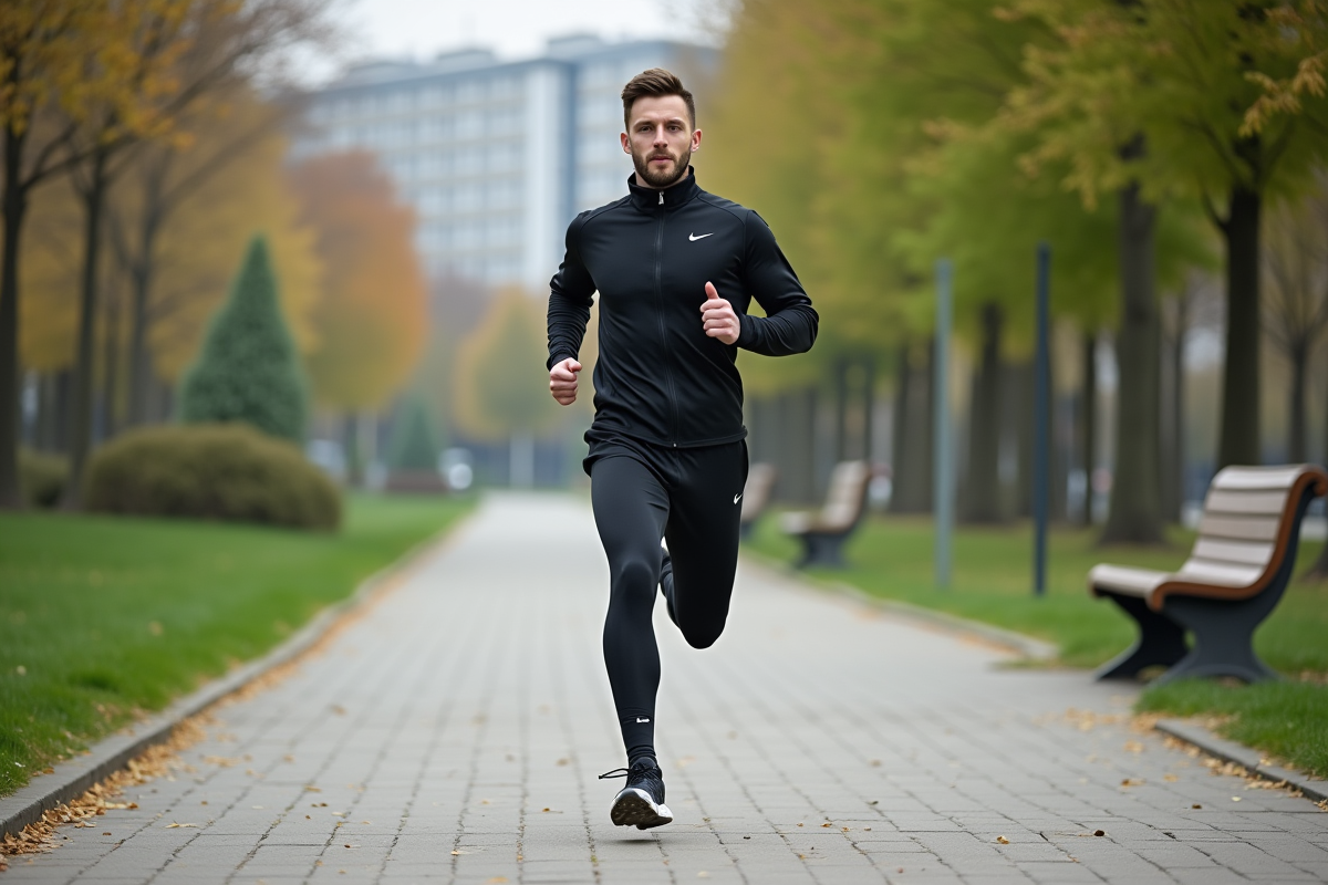 Jeune homme courant dans un parc urbain en tenue de sport