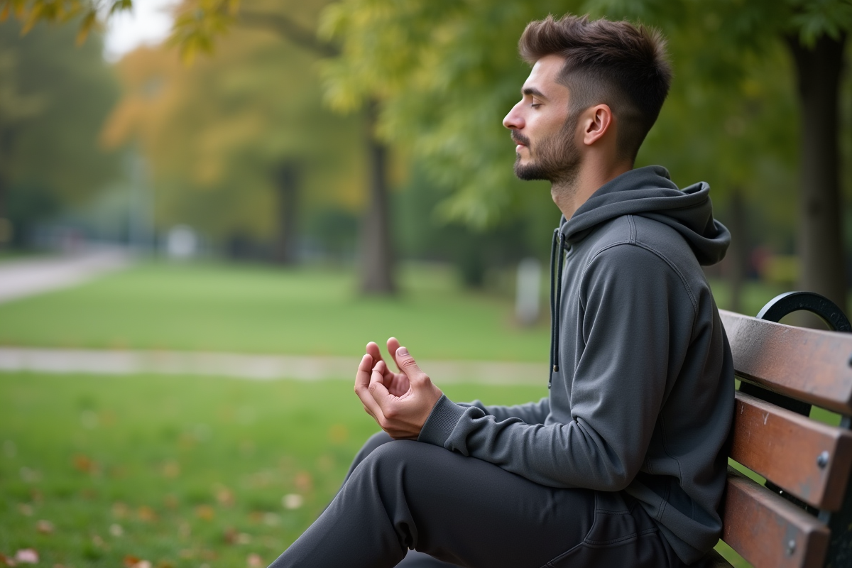 Jeune homme méditant sur un banc dans un parc verdoyant