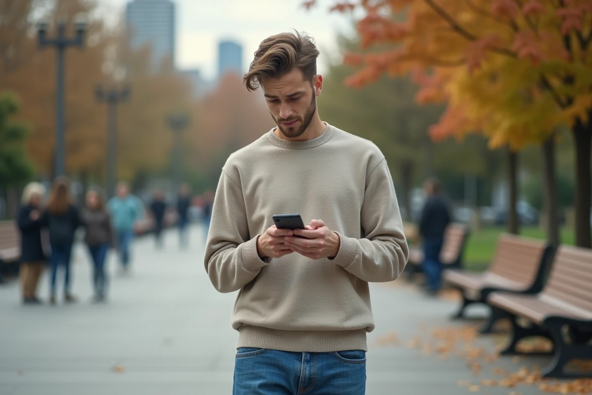 Jeune homme dans un parc urbain vérifiant son téléphone