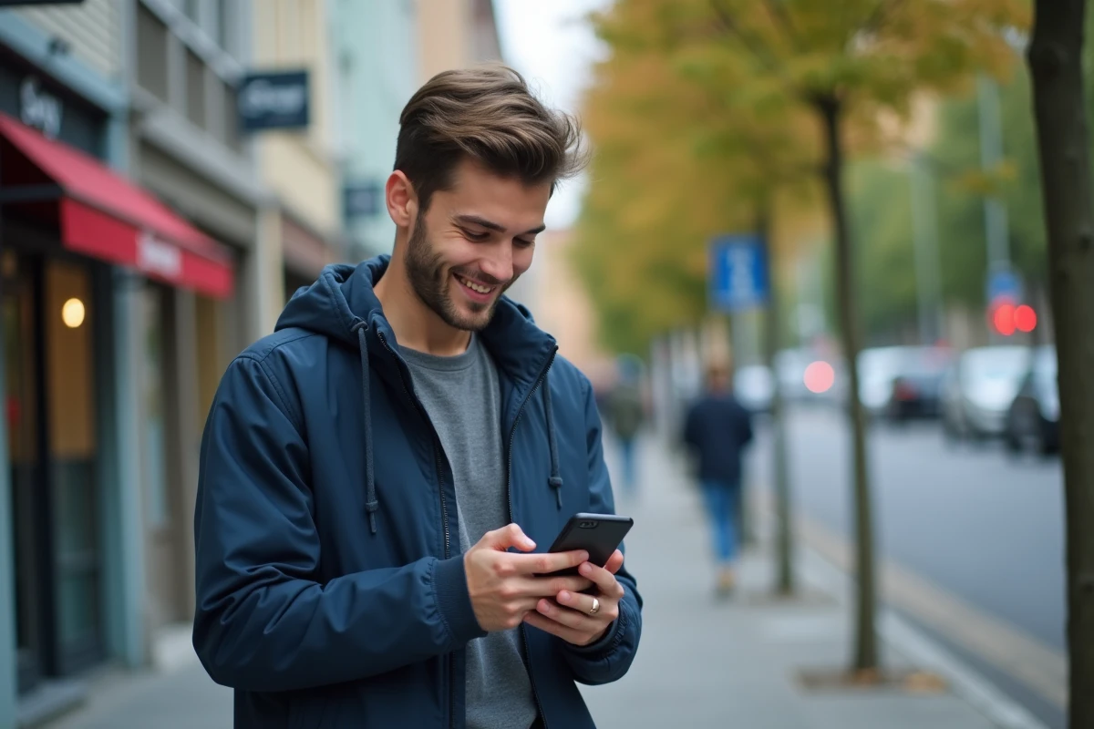 Jeune homme dans la rue déverrouillant son téléphone