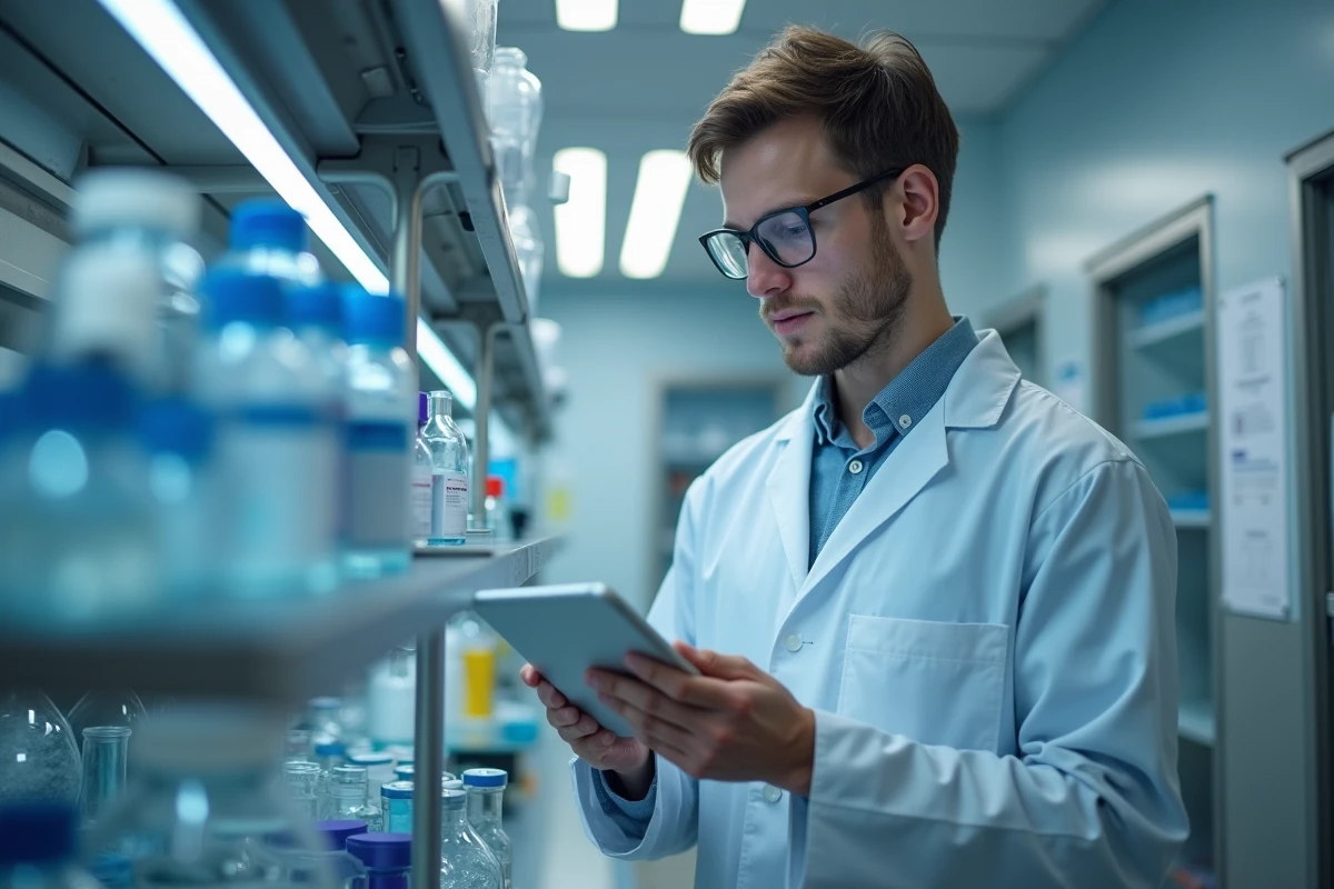 Jeune scientifique étudiant des données dans un laboratoire moderne