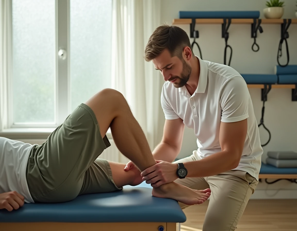 Kinésithérapeute réalisant une mobilisation du genou sur un patient souffrant d'algoneurodystrophie post-opératoire