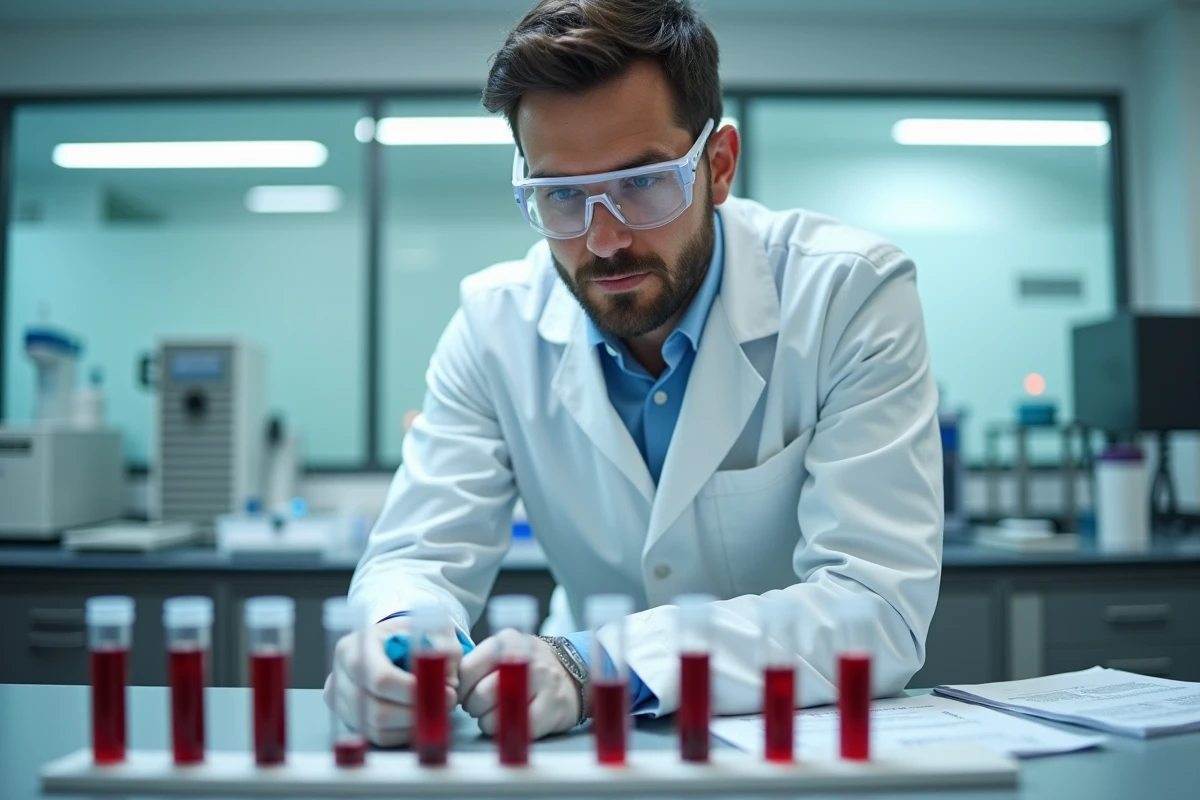 Technicien de laboratoire analysant des tubes de sang pour détecter des carences en B12 et folates