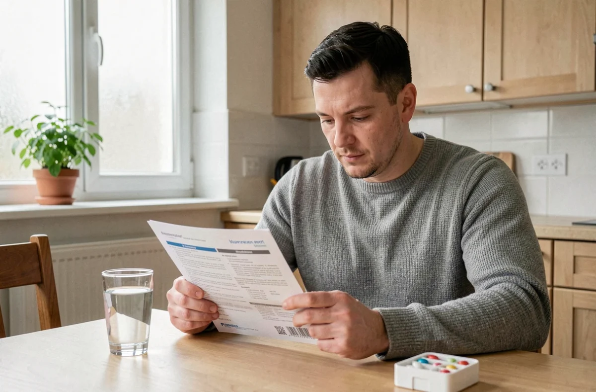 Homme lisant la notice d'un antidépresseur à la maison avant sa première prise, avec un verre d'eau et un pilulier sur la table